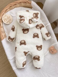SHEIN 新生兒咖啡棕熊圖案前開拉鍊連帽可愛居家服 出院回家穿搭 秋季趣味可愛 - 白色 - 查看 2