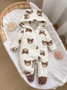 SHEIN 新生兒咖啡棕熊圖案前開拉鍊連帽可愛居家服 出院回家穿搭 秋季趣味可愛 - 白色 - 查看 3