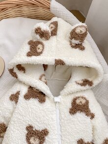 SHEIN 新生兒咖啡棕熊圖案前開拉鍊連帽可愛居家服 出院回家穿搭 秋季趣味可愛 - 白色 - 查看 4