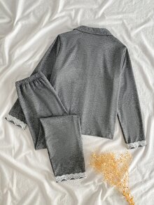 少女對比蕾絲長袖單排扣上衣與長褲居家服套裝，白色，秋季，柔軟舒適，寬鬆版型 - 彩色 - 查看 2