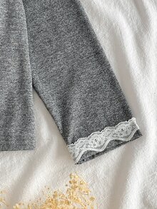少女對比蕾絲長袖單排扣上衣與長褲居家服套裝，白色，秋季，柔軟舒適，寬鬆版型 - 彩色 - 查看 5
