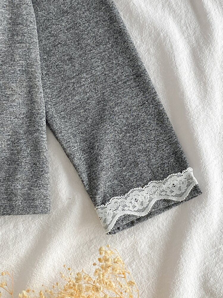 Tween Girl Contrast Lace Long Sleeve Single-Breasted Top And Pants Loungewear Night White Autumn Soft Form Loose - Multicolor - View 5