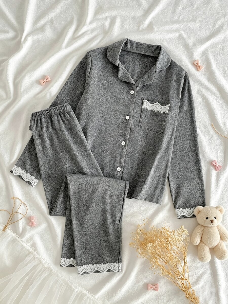少女對比蕾絲長袖單排扣上衣與長褲居家服套裝,白色,秋季,柔軟舒適,寬鬆版型 - 彩色 - 查看 1
