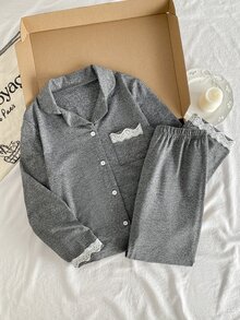 少女對比蕾絲長袖單排扣上衣與長褲居家服套裝，白色，秋季，柔軟舒適，寬鬆版型 - 彩色 - 查看 3