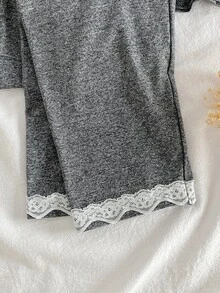 少女對比蕾絲長袖單排扣上衣與長褲居家服套裝，白色，秋季，柔軟舒適，寬鬆版型 - 彩色 - 查看 8