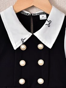 SHEIN Elladie kids 女童優雅學院風皇家藍雙排扣翻領百褶長袖二合一洋裝，可愛校園風，適合返校季日常穿著，秋冬款 - 黑色 - 查看 6