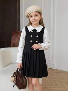 SHEIN Elladie kids 女童優雅學院風皇家藍雙排扣翻領百褶長袖二合一洋裝，可愛校園風，適合返校季日常穿著，秋冬款 - 黑色 - 查看 7