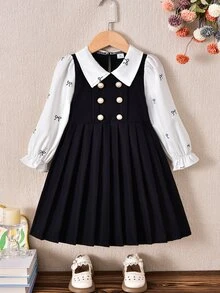 SHEIN Elladie kids 女童優雅學院風皇家藍雙排扣翻領百褶長袖二合一洋裝，可愛校園風，適合返校季日常穿著，秋冬款 - 黑色 - 查看 5