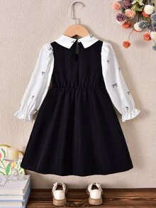 SHEIN Elladie kids 女童優雅學院風皇家藍雙排扣翻領百褶長袖二合一洋裝，可愛校園風，適合返校季日常穿著，秋冬款 - 黑色 - 查看 3