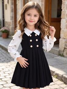 SHEIN Elladie kids 女童優雅學院風皇家藍雙排扣翻領百褶長袖二合一洋裝，可愛校園風，適合返校季日常穿著，秋冬款 - 黑色 - 查看 4