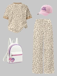 Setelan Kasual Anak Perempuan: Kaos Pendek dan Celana Panjang Lebar Motif Leopard Warna Beige Segar & Garis-garis Cokelat Muda - MultiWarna - View 2