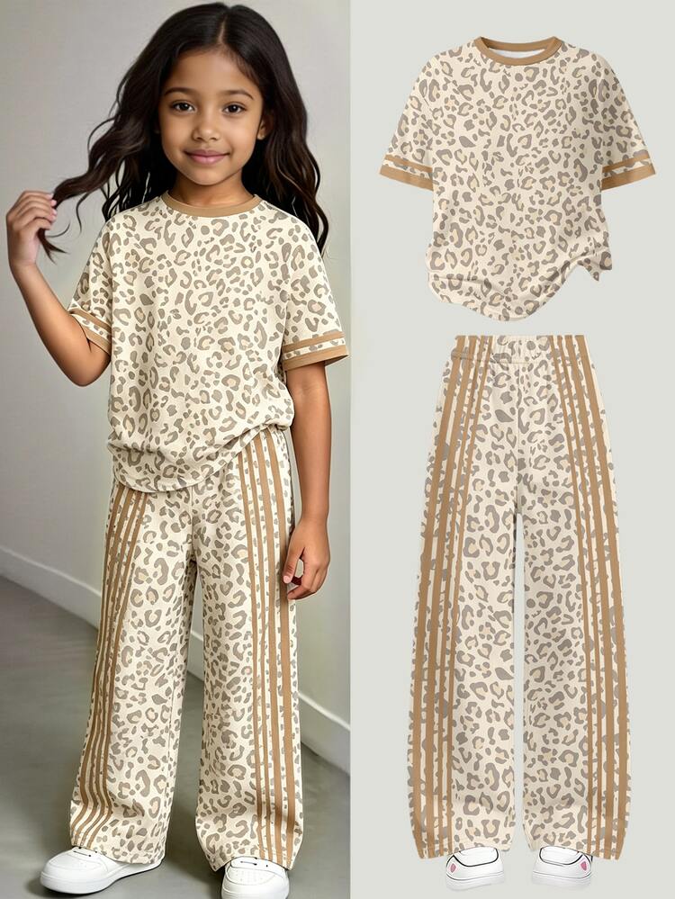 Girls Casual Fashion Fresh Beige Leopard Print & Light Brown Striped Pattern Basic Short T-Shirt & Leopard Print Wide Leg Pants Set - Multicolor - View 3