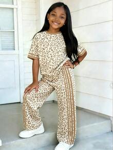 Setelan Kasual Anak Perempuan: Kaos Pendek dan Celana Panjang Lebar Motif Leopard Warna Beige Segar & Garis-garis Cokelat Muda - MultiWarna - View 1