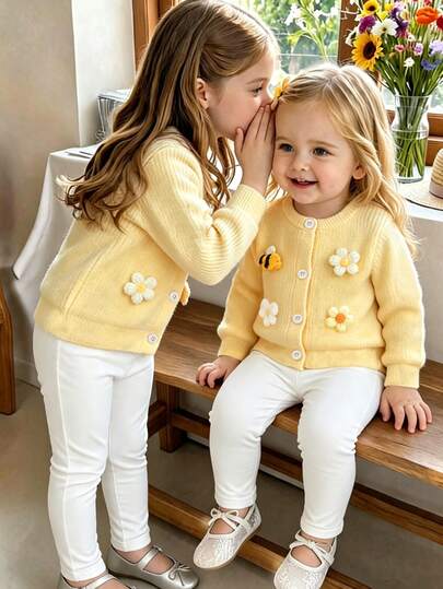 SHEIN Vintaside Kids Baby Girl Infant Toddler Newborn 0-3 Years Autumn/Winter Fashion Outing Knitted Fuzzy Ribbed 3D Bee & Flower Cardigan Jacket + Leggings Pants Set