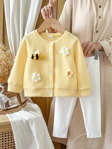 SHEIN 女嬰幼兒新生兒 0-3 歲秋冬款家庭套裝 針織羅紋 3D 蜜蜂花朵開襟外套 + 內搭褲套裝 粉色白色 - 黃色 - 查看 3