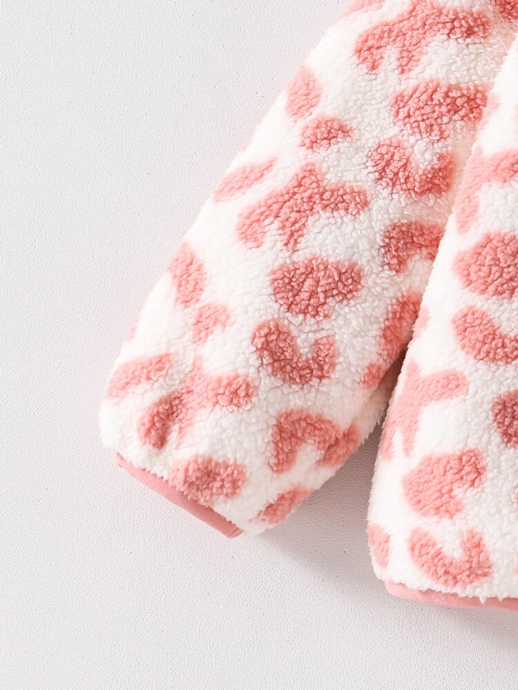 SHEIN Baby Girls Fleece Jacket Cute Sweet Pink White Leopard Print Plush Bear Ear Zip-Up Long Sleeve Hooded Thick Outdoor Winter Christmas Autumn Fall Fuzzy - Pink - View 7