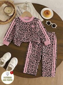 SHEIN 2件組女嬰春夏秋冬棕黑粉拼接酷女孩風全豹紋側邊粉條紋圓領長袖上衣搭配寬腿長褲套裝，寬鬆休閒版型，適合日常穿著、戶外活動、街頭風、家庭聚會、拍照 - 粉色 - 查看 3