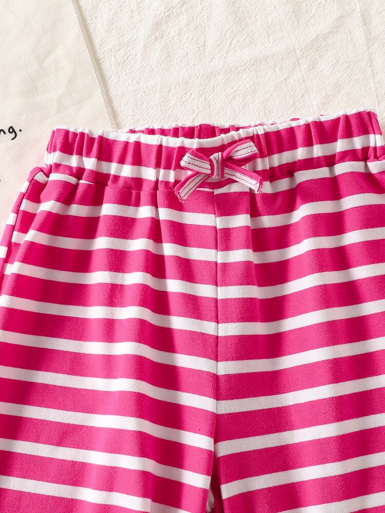 Genkimix Kids Girls' Rose Red Striped Long Sleeve Knit Top & Pants 2 Pieces Set, Fashionable Young Girl Casual Outfit, Suitable For School, Outings, Short Trips / Park Play, Light Sports / Walking, Early Autumn Wear - Hot Pink - View 5