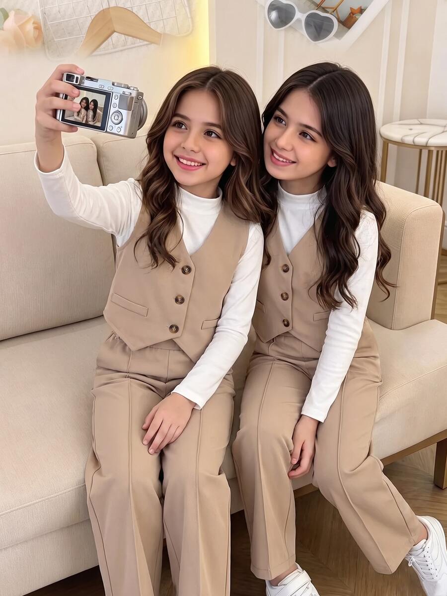 SHEIN 女童 4-7 歲 3 件套西裝背心、長袖上衣與寬腿褲套裝,優雅學院風老錢風春夏秋冬上學派對正式婚禮穿搭 - 卡其色 - 查看 1