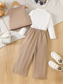 SHEIN 女童 4-7 歲 3 件套西裝背心、長袖上衣與寬腿褲套裝，優雅學院風老錢風春夏秋冬上學派對正式婚禮穿搭 - 卡其色 - 查看 2