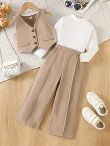 SHEIN 女童 4-7 歲 3 件套西裝背心、長袖上衣與寬腿褲套裝，優雅學院風老錢風春夏秋冬上學派對正式婚禮穿搭 - 卡其色 - 查看 3