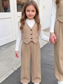 SHEIN 女童 4-7 歲 3 件套西裝背心、長袖上衣與寬腿褲套裝，優雅學院風老錢風春夏秋冬上學派對正式婚禮穿搭 - 卡其色 - 查看 5