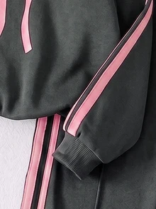 青少年女孩抓絨新時尚藍色圓領長袖上衣搭配寬腿褲蝴蝶結裝飾 2件套 秋冬 - 深灰色 - 查看 7