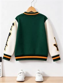 SHEIN 男童休閒字母印花棒球夾克，適合觀賽、日常穿著，4-7歲男孩，運動、外出、學校、返校季，秋冬，0-15°C - 綠色 - 查看 3