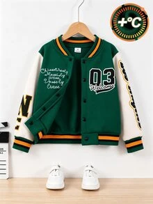 SHEIN 男童休閒字母印花棒球夾克，適合觀賽、日常穿著，4-7歲男孩，運動、外出、學校、返校季，秋冬，0-15°C - 綠色 - 查看 2