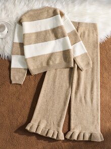 SHEIN 灰色條紋拼接時尚針織兩件套 秋冬女童圓領毛茸茸長袖套頭上衣與荷葉邊針織長褲毛衣套裝，休閒保暖舒適適合日常穿著 - 卡其色 - 查看 2
