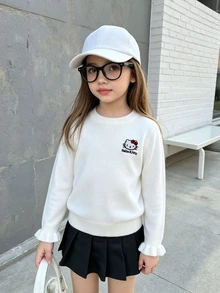 HELLO KITTY AND FRIENDS | SHEIN GraphicGems 女童白色圓領針織開襟毛衣，飾有荷葉邊，舒適柔軟，百搭甜美可愛，簡約休閒，適合秋冬日常穿著、旅行、出遊、派對、戶外玩耍、野餐、上學 - 白色 - 查看 4