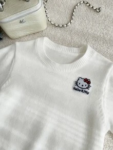 HELLO KITTY AND FRIENDS | SHEIN GraphicGems 女童白色圓領針織開襟毛衣，飾有荷葉邊，舒適柔軟，百搭甜美可愛，簡約休閒，適合秋冬日常穿著、旅行、出遊、派對、戶外玩耍、野餐、上學 - 白色 - 查看 7
