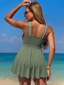 Swim Lushoire Ladies' Solid Color Swimwear Two Pieces Set With Beach Dress, Leisure Vacation Beach For Summer - Army Green - View 2