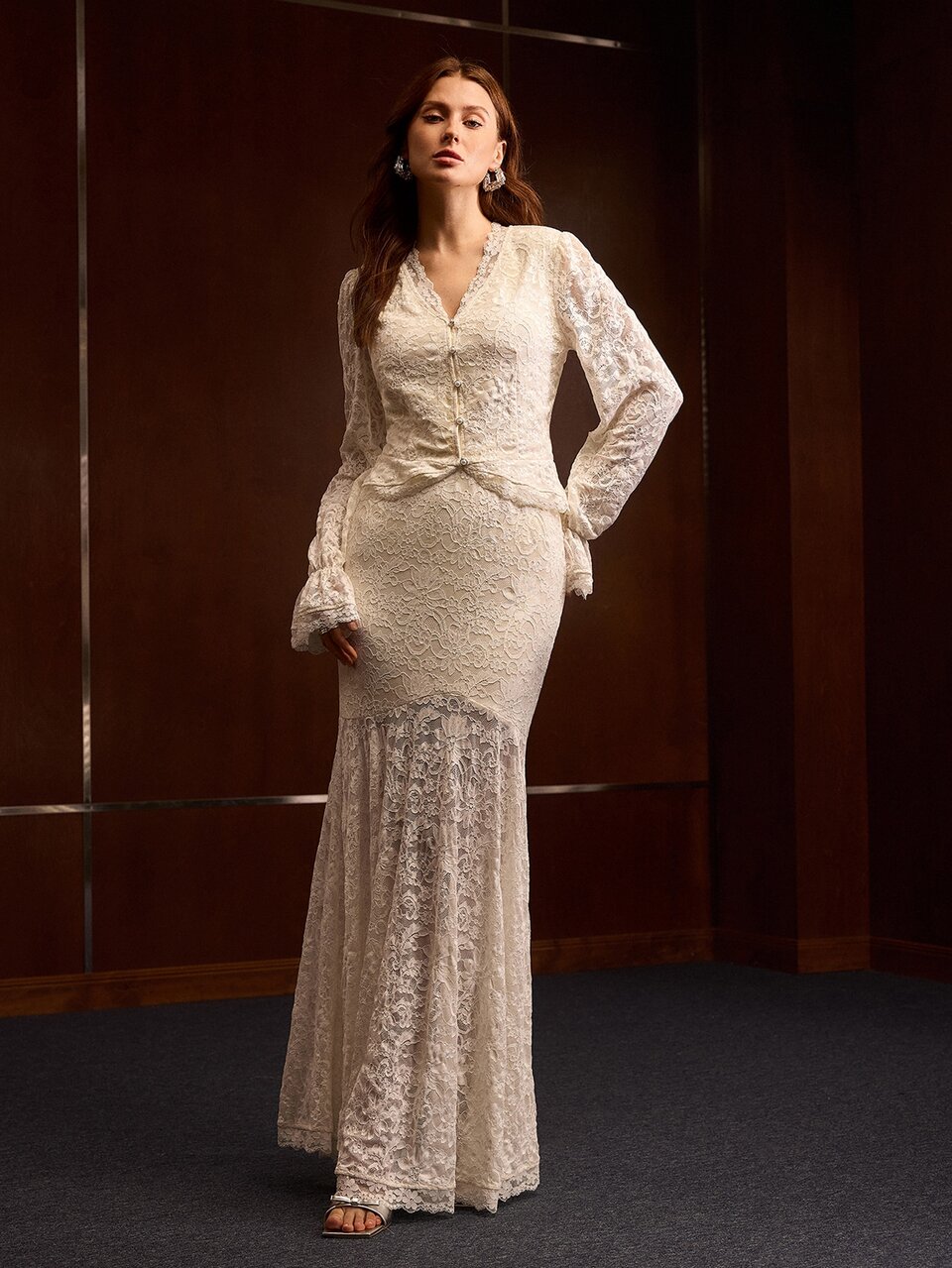 MOTF LACE FLOUNCE SLEEVE V-NECK TOP MERMAID HEM SKIRT SET WEDDING DINNER WHITE FLORAL AUTUMN ROMANTIC ELEGANT