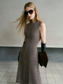 MOTF PREMIUM GAUN WANITA ELEGAN BERMOTIF HOUNDSTOOTH, TANPA LENGAN, DAN BERPOTONGAN LEBAR UNTUK MUSIM GUGUR/DINGIN - MultiWarna - View 6