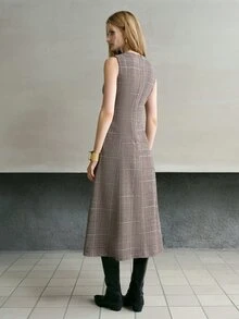 MOTF PREMIUM GAUN WANITA ELEGAN BERMOTIF HOUNDSTOOTH, TANPA LENGAN, DAN BERPOTONGAN LEBAR UNTUK MUSIM GUGUR/DINGIN - MultiWarna - View 3
