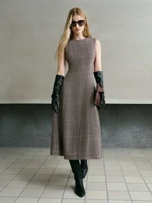 MOTF PREMIUM GAUN WANITA ELEGAN BERMOTIF HOUNDSTOOTH, TANPA LENGAN, DAN BERPOTONGAN LEBAR UNTUK MUSIM GUGUR/DINGIN - MultiWarna - View 5