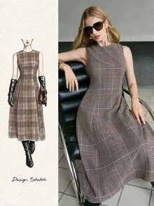 MOTF PREMIUM GAUN WANITA ELEGAN BERMOTIF HOUNDSTOOTH, TANPA LENGAN, DAN BERPOTONGAN LEBAR UNTUK MUSIM GUGUR/DINGIN - MultiWarna - View 1