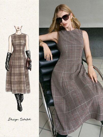 MOTF PREMIUM GAUN WANITA ELEGAN BERMOTIF HOUNDSTOOTH, TANPA LENGAN, DAN BERPOTONGAN LEBAR UNTUK MUSIM GUGUR/DINGIN