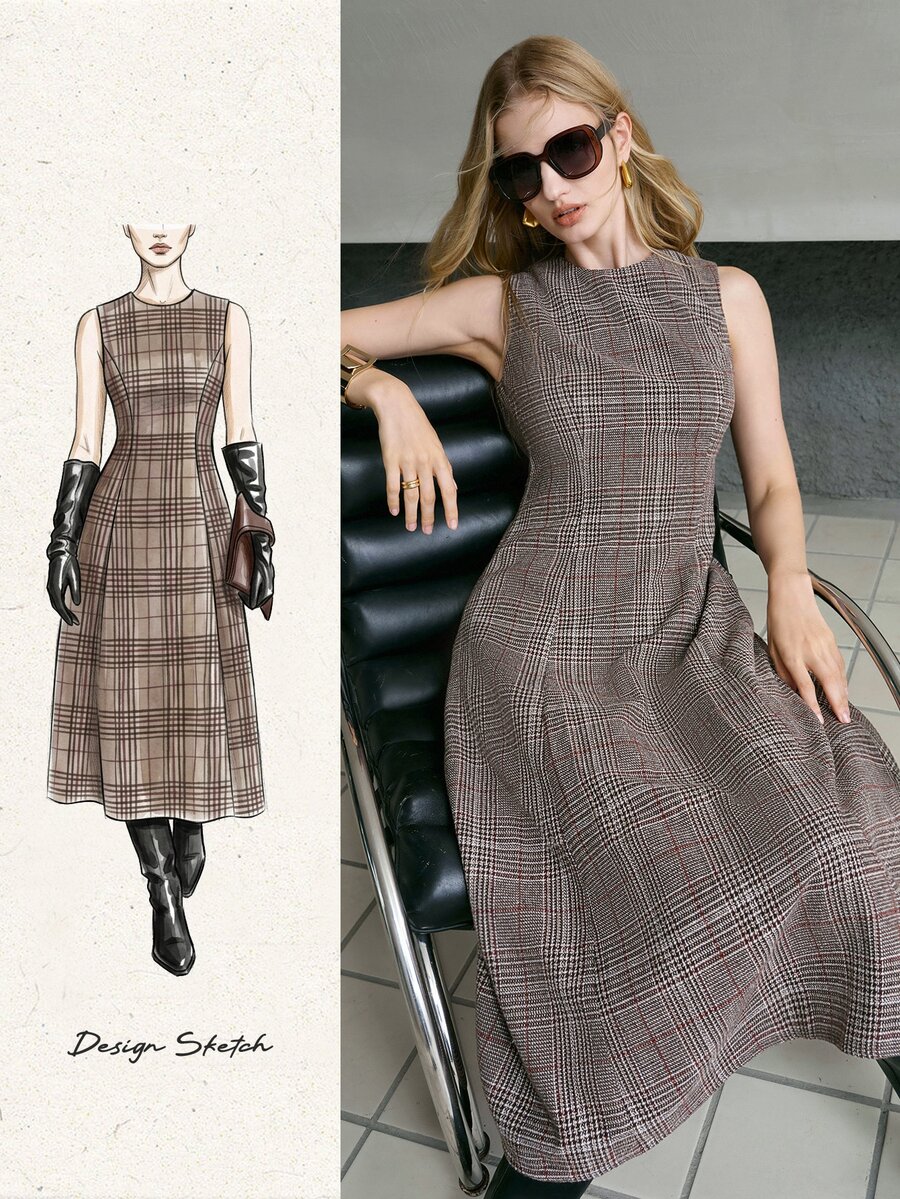 MOTF PREMIUM GAUN WANITA ELEGAN BERMOTIF HOUNDSTOOTH, TANPA LENGAN, DAN BERPOTONGAN LEBAR UNTUK MUSIM GUGUR/DINGIN - MultiWarna - View 1