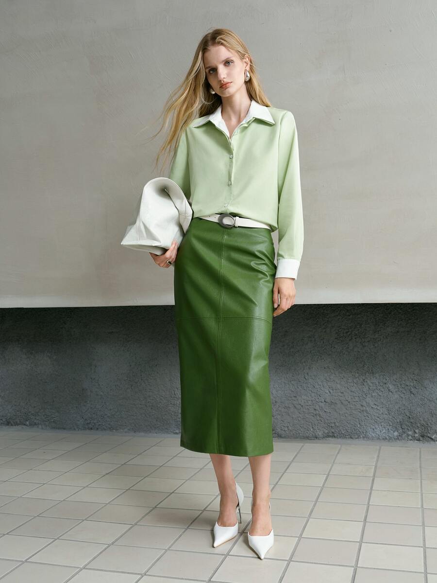 MOTF PREMIUM WOMEN'S PU LEATHER ELASTIC WAIST SPLIT HEM SKIRT - Green - View 2