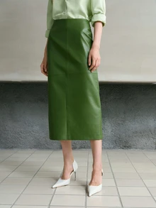 MOTF PREMIUM Rok Wanita Kulit PU dengan Pinggang Elastis dan Belahan di Bagian Bawah - Hijau - View 6