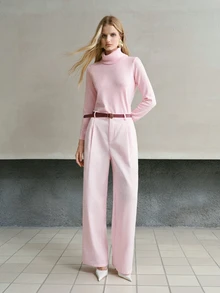 MOTF PREMIUM WOMEN'S SOLID FOLD PLEATED WIDE LEG PANTS WITH BELT - Pink - View 5