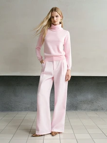 MOTF PREMIUM WOMEN'S SOLID FOLD PLEATED WIDE LEG PANTS WITH BELT - Pink - View 3