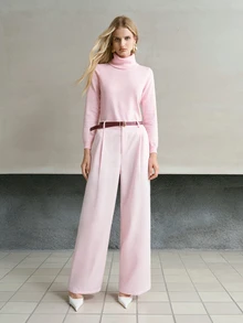 MOTF PREMIUM WOMEN'S SOLID FOLD PLEATED WIDE LEG PANTS WITH BELT - Pink - View 7