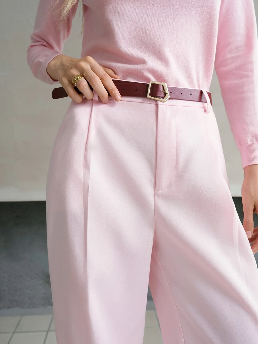 MOTF PREMIUM WOMEN'S SOLID FOLD PLEATED WIDE LEG PANTS WITH BELT - Pink - View 2
