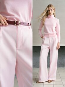 MOTF PREMIUM WOMEN'S SOLID FOLD PLEATED WIDE LEG PANTS WITH BELT - Pink - View 1