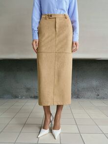 MOTF PREMIUM WOMEN'S SLIT STRAIGHT SKIRT - Brown - View 4