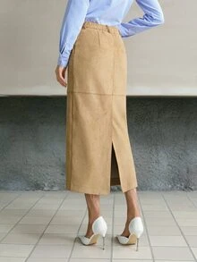 MOTF PREMIUM WOMEN'S SLIT STRAIGHT SKIRT - Brown - View 3