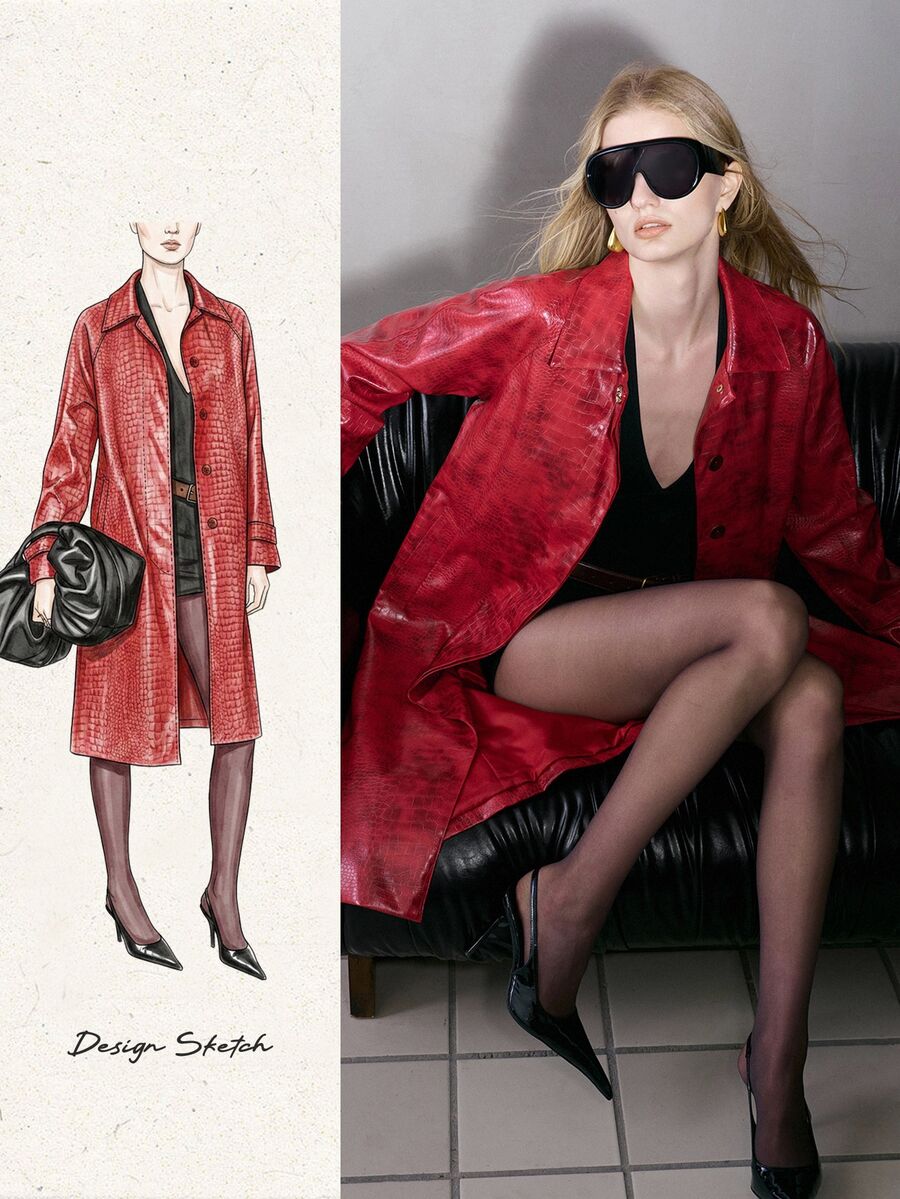 MOTF PREMIUM COMMUTER ELEGANT CHIC HANDSOME PU LEATHER WOMEN'S TRENCH COAT NIGHT OUT RED AND LEOPARD PRINT - Burgundy - View 1